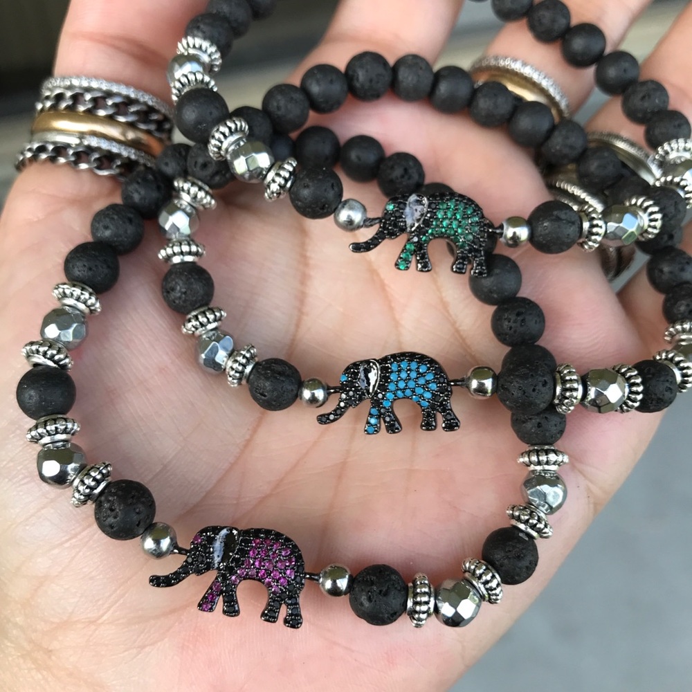 Lava rock black rodhium cz luck elephant bracelet - Picture 2 of 9